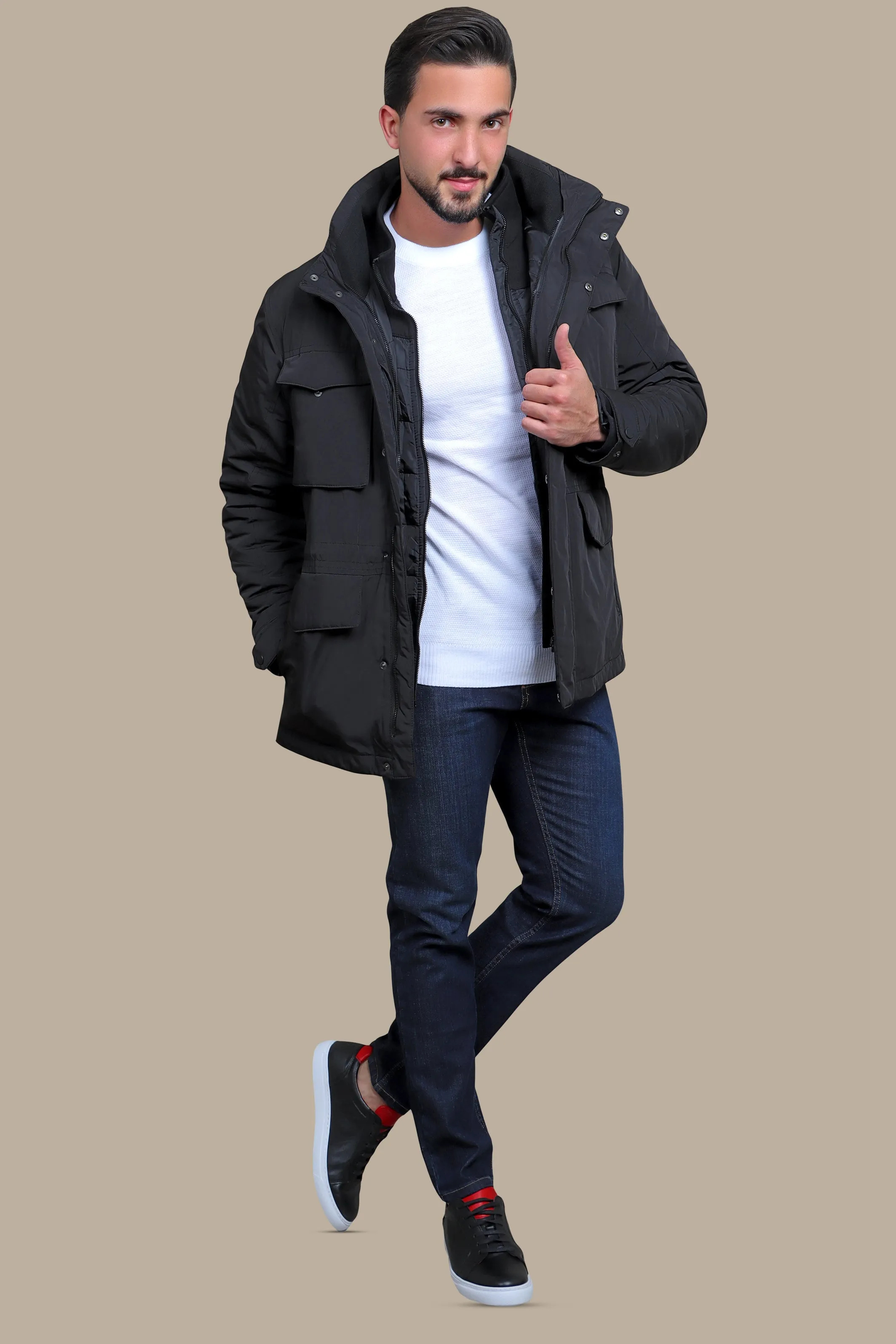 Adaptable Allure: Black Detachable Windbreaker Jacket