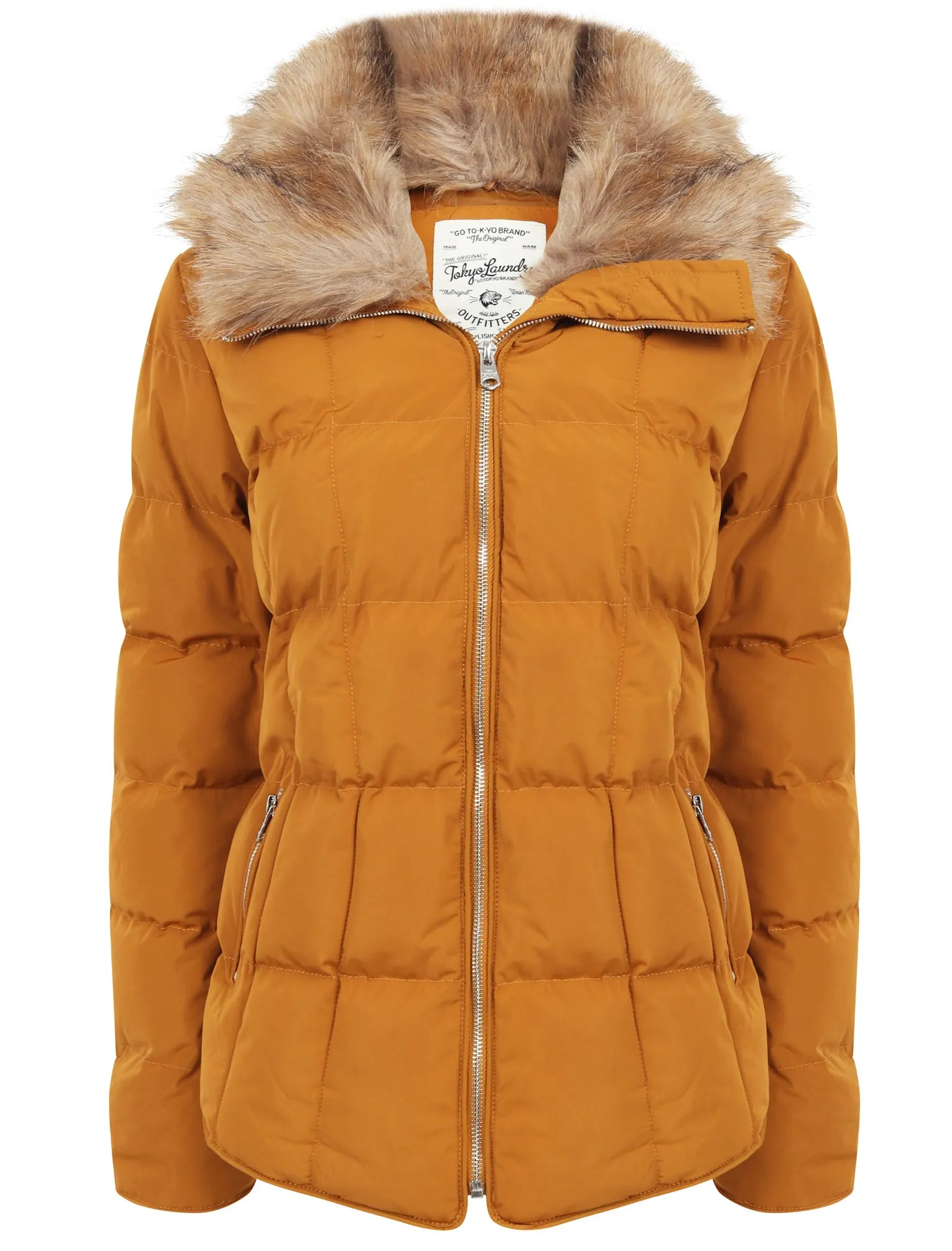 Bertie Funnel Neck Quilted Puffer Jacket With Detachable Fur Trim In Mustard - Tokyo Laundry