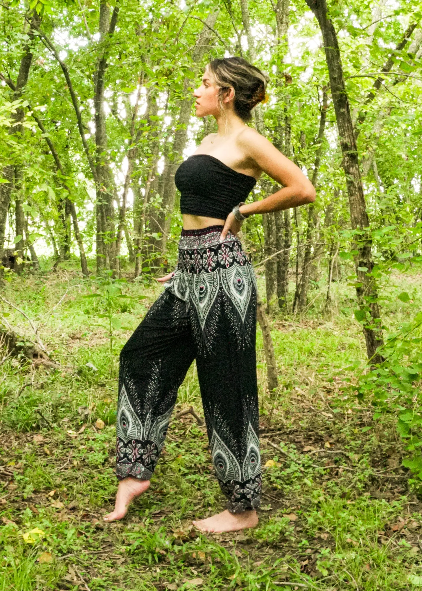 Black Peace Peacock Harem Pants