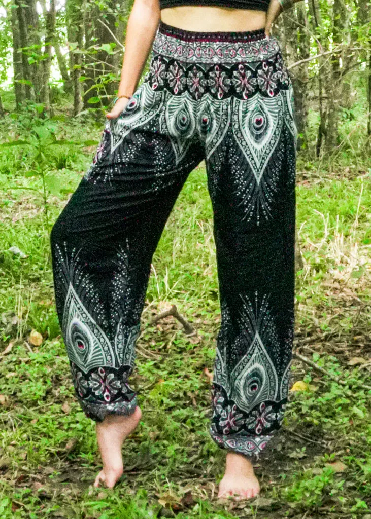 Black Peace Peacock Harem Pants