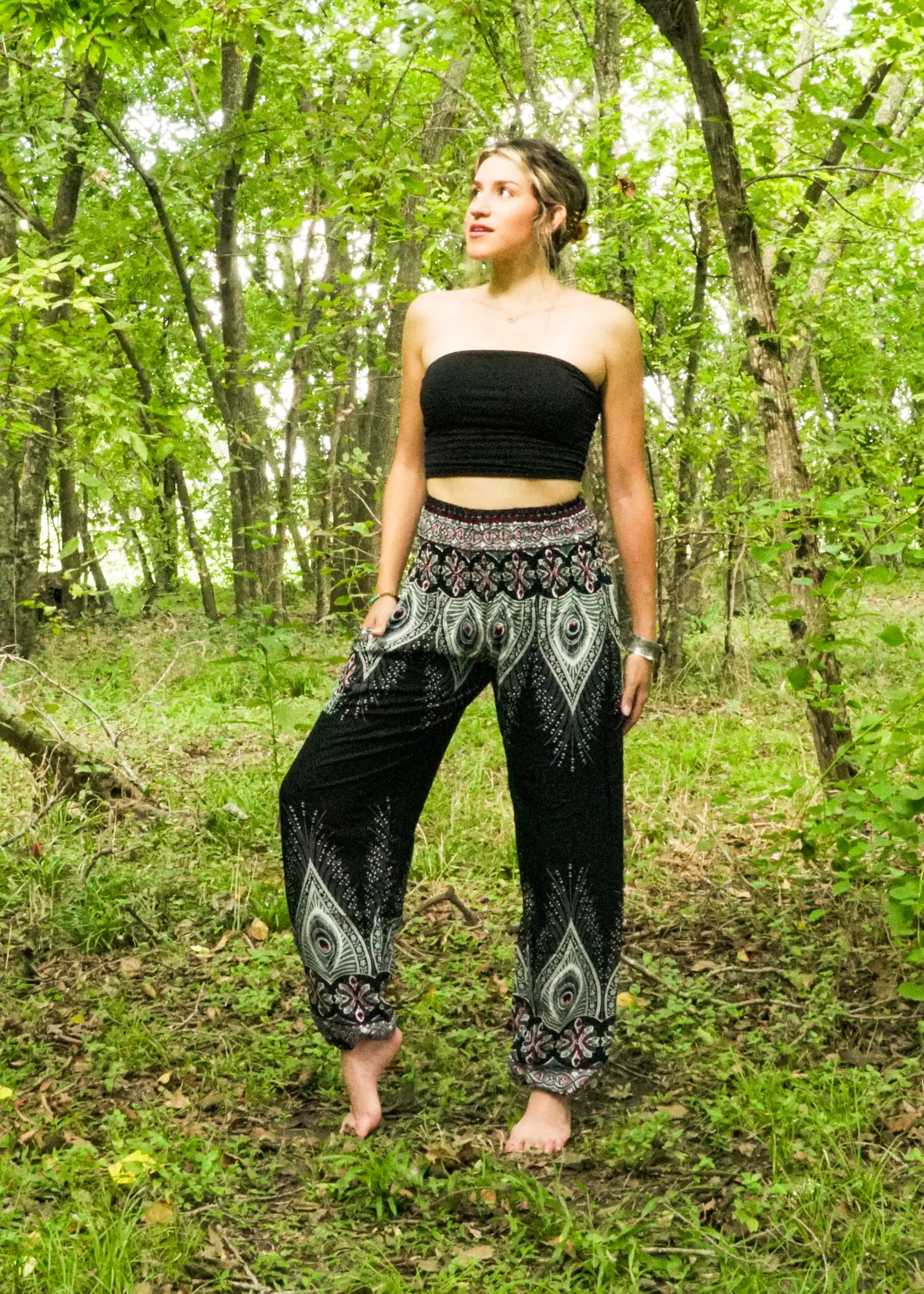 Black Peace Peacock Harem Pants