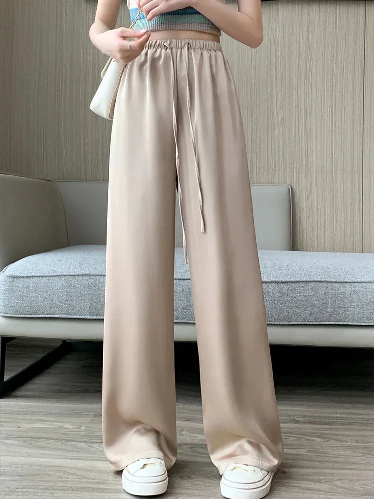 Bonnyshow Women's Wide Leg Pants Summer Ice Silk Straight Trousers High Waist Ladies Casual Loose Satin Soft Full-length Pants for Women