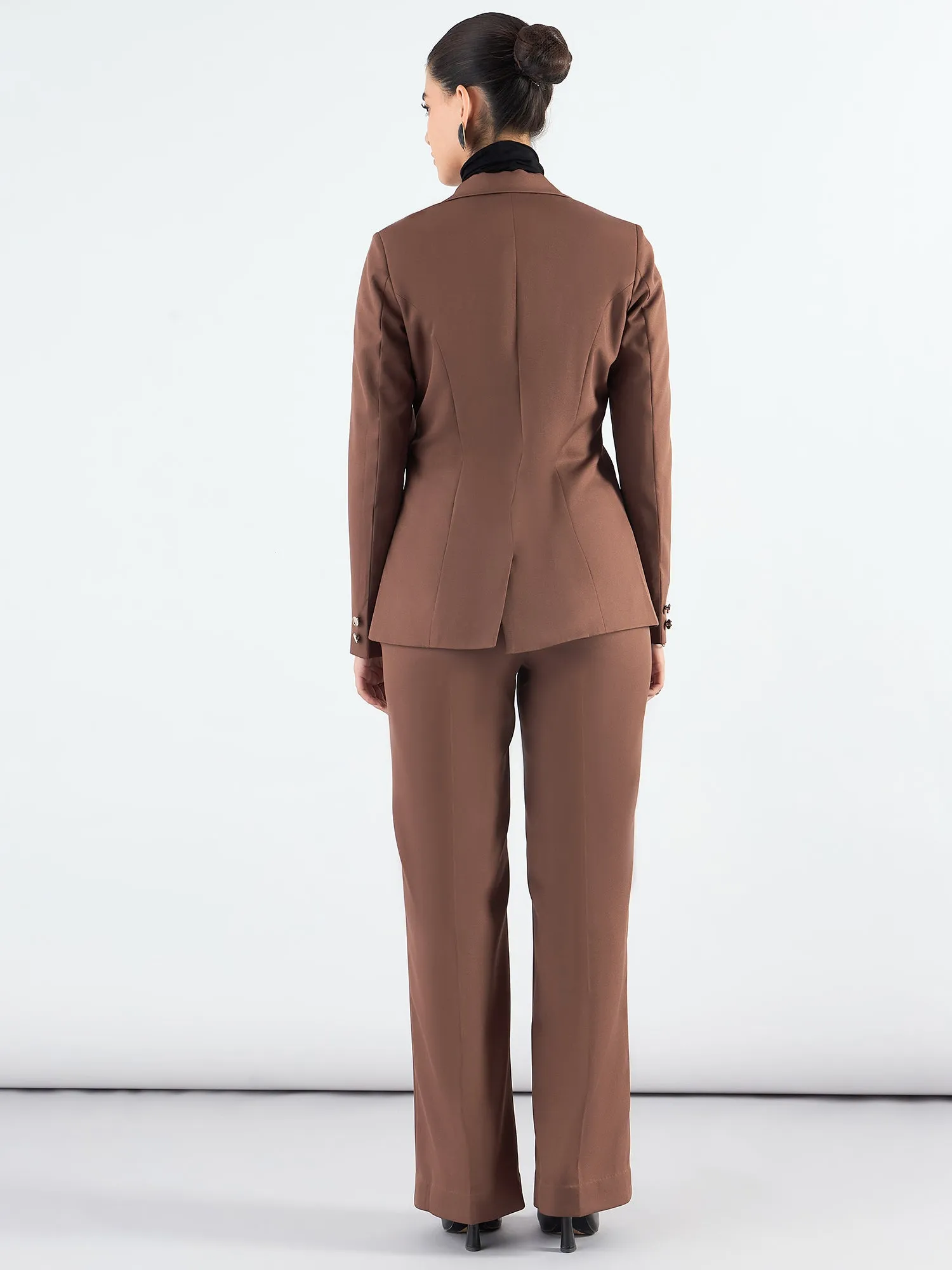 Brown Notched Lapel Blazer With High-Waist Trouser In Stretchable Fabric