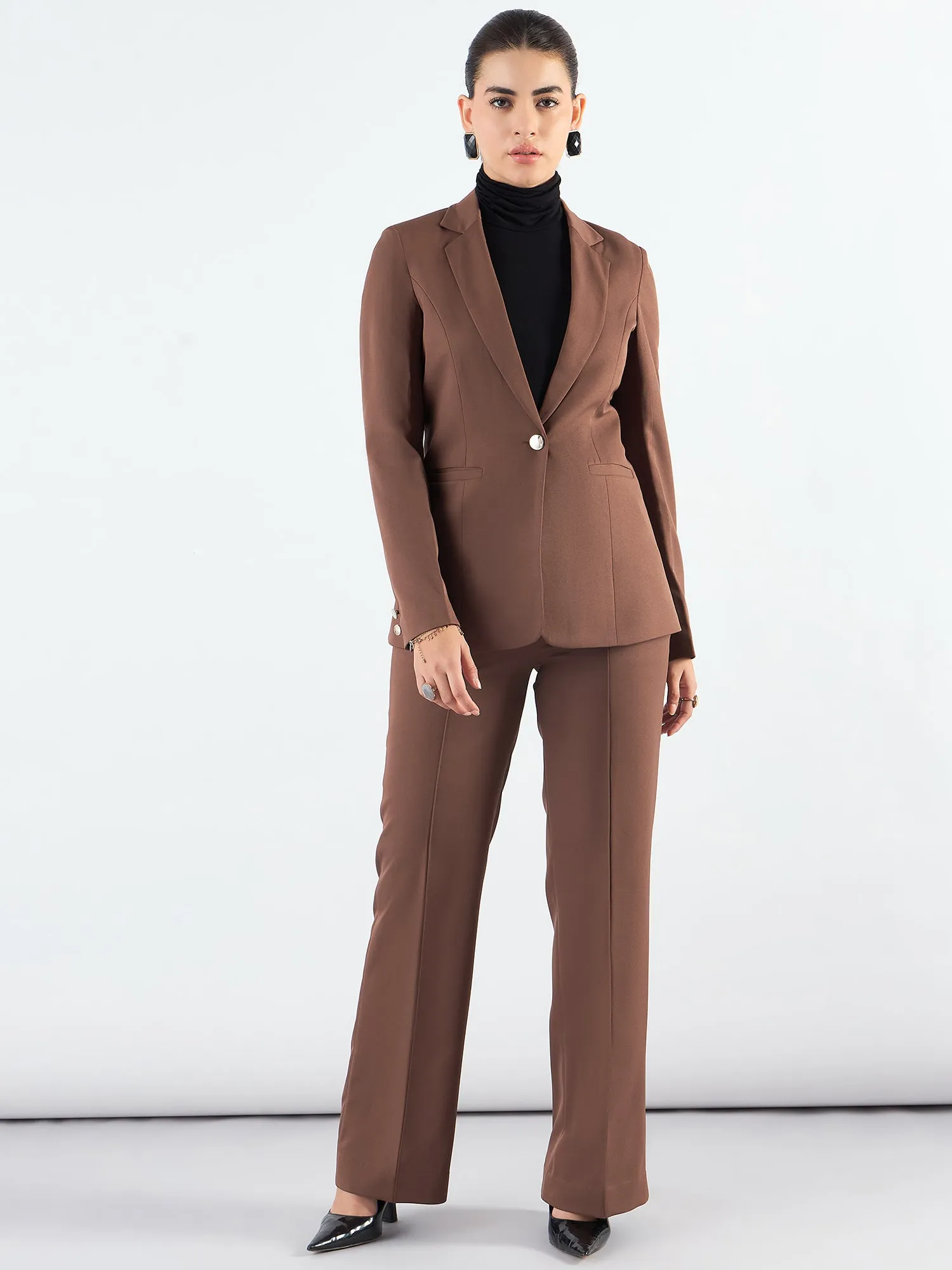 Brown Notched Lapel Blazer With High-Waist Trouser In Stretchable Fabric