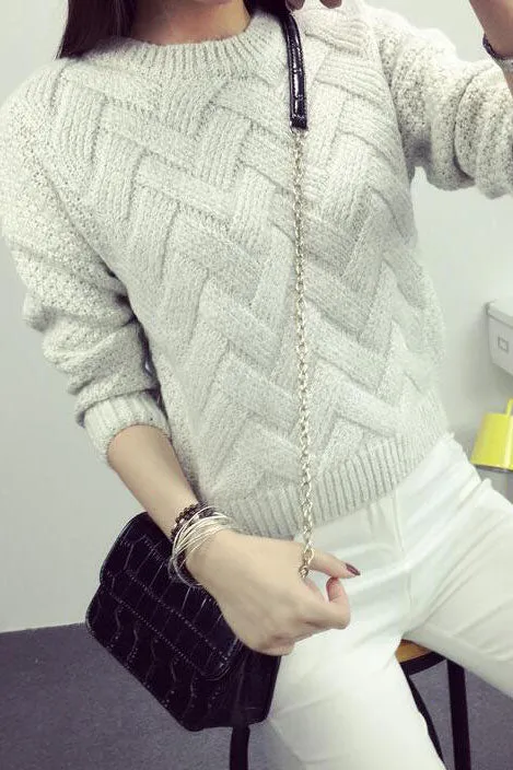 Cable Pattern Knit Scoop Solid Color Pullover Sweater