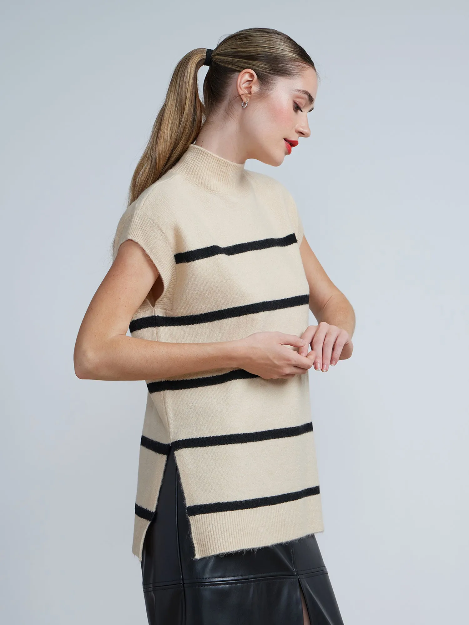 Cap Sleeve Mock Neck Striped Sweater Tunic