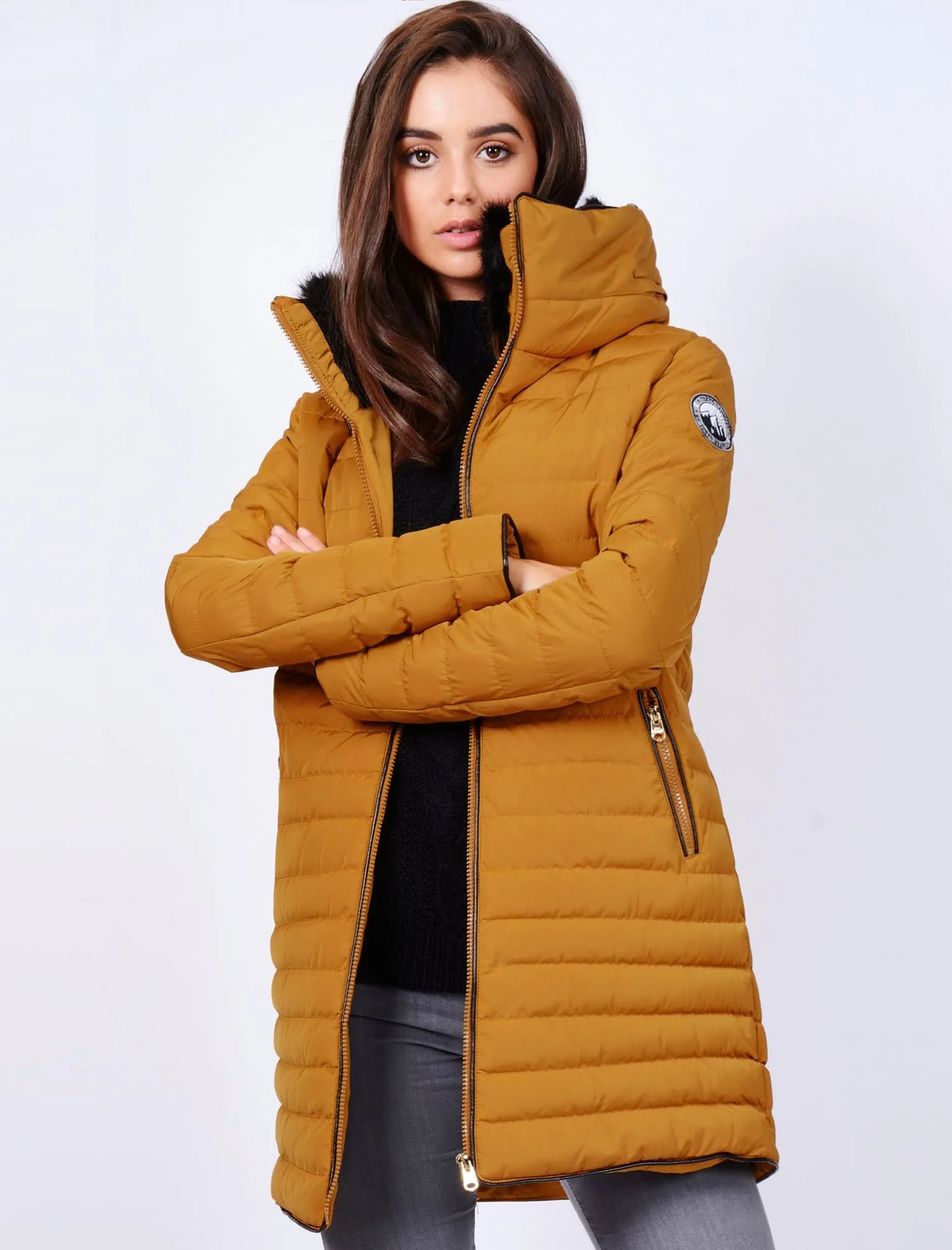 Elva Longline Quilted Puffer Coat in Mustard - Tokyo Laundry