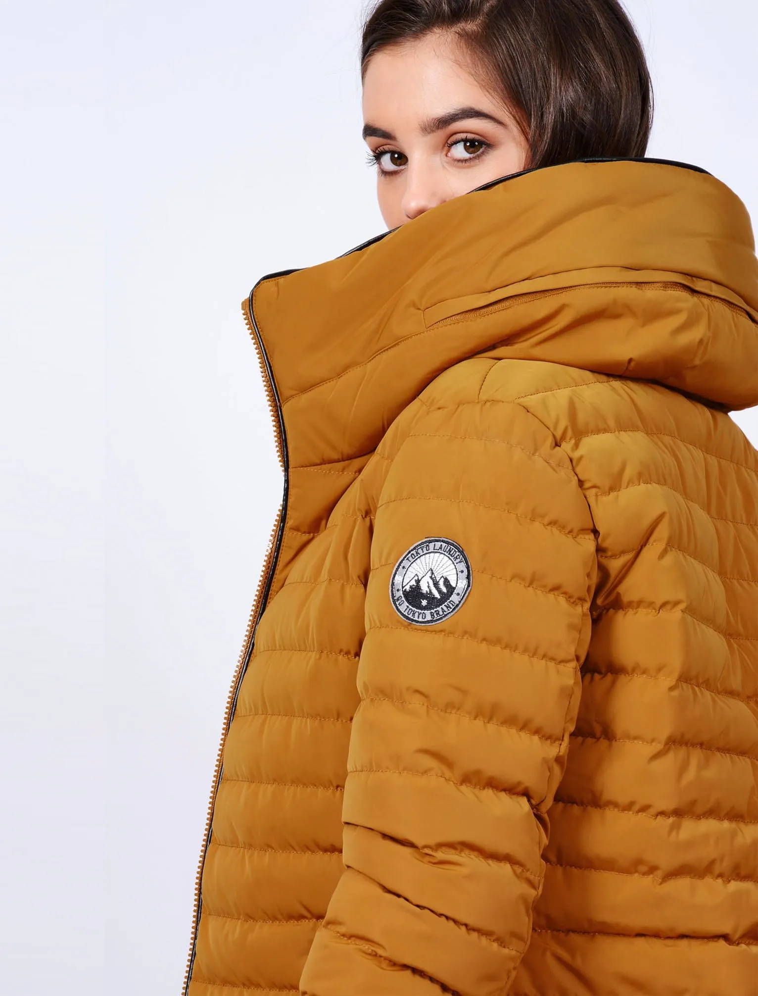 Elva Longline Quilted Puffer Coat in Mustard - Tokyo Laundry