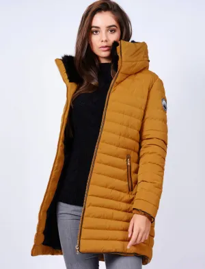 Elva Longline Quilted Puffer Coat in Mustard - Tokyo Laundry