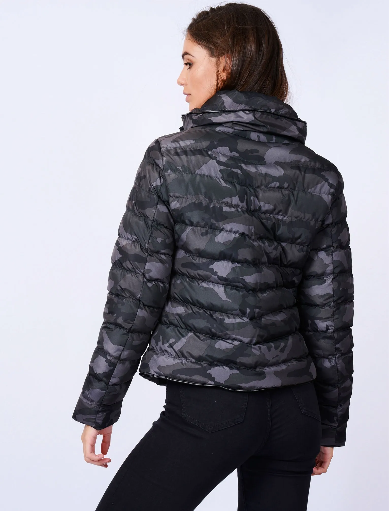 Ewok Funnel Neck Quilted Camo Jacket in Grey / Black Camo - Tokyo Laundry