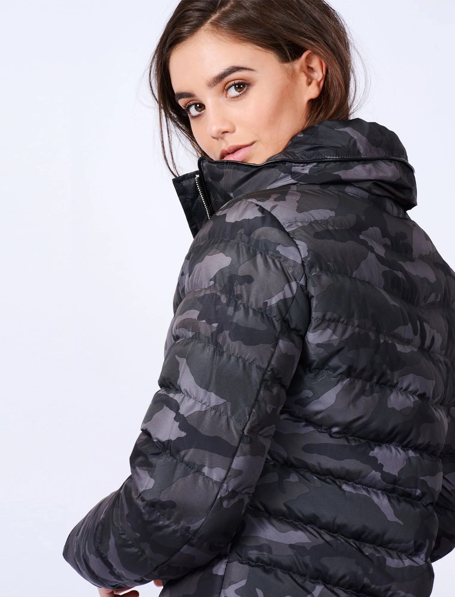 Ewok Funnel Neck Quilted Camo Jacket in Grey / Black Camo - Tokyo Laundry