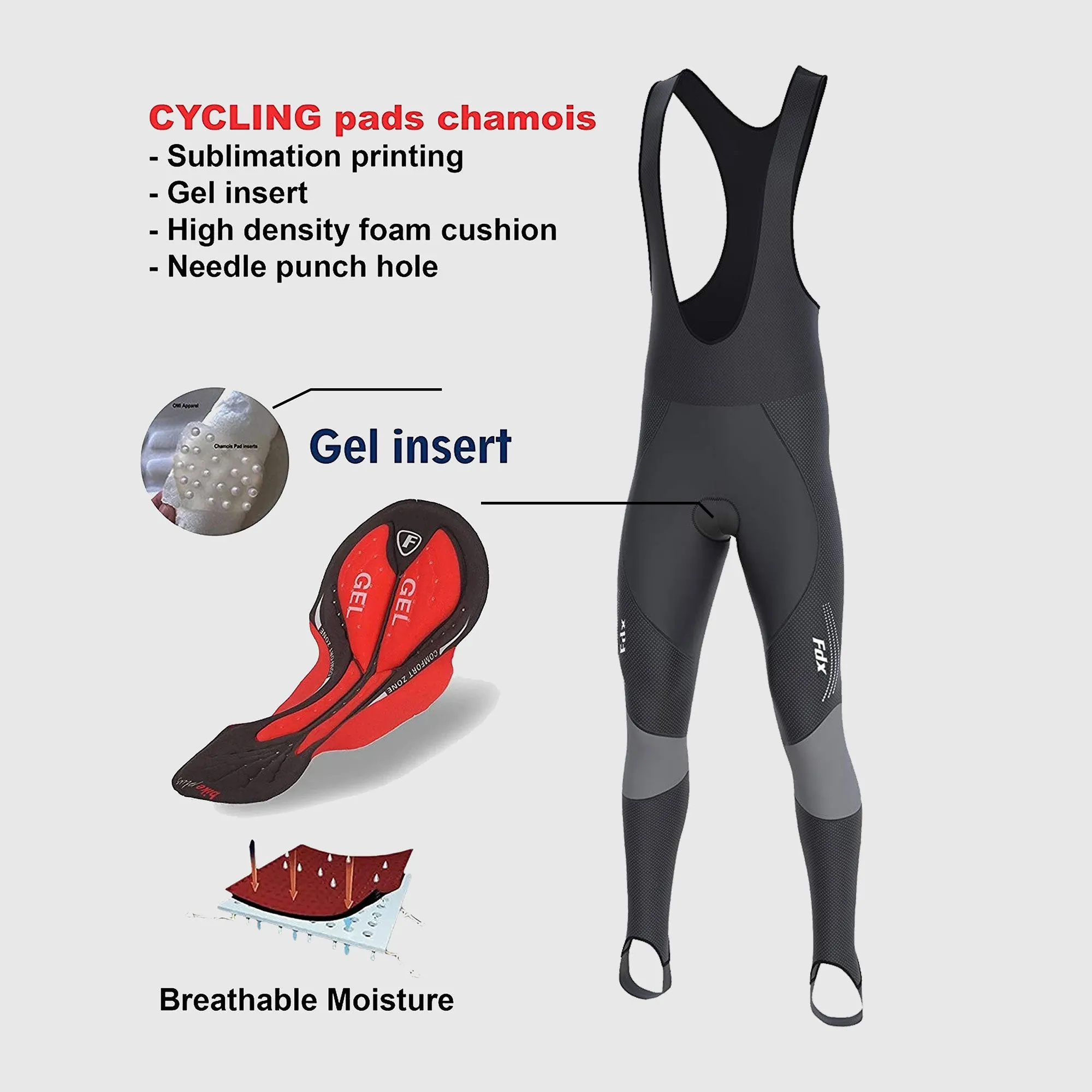 Fdx Thermodream Men's & Boy's Grey Thermal Padded Cycling Bib Tights