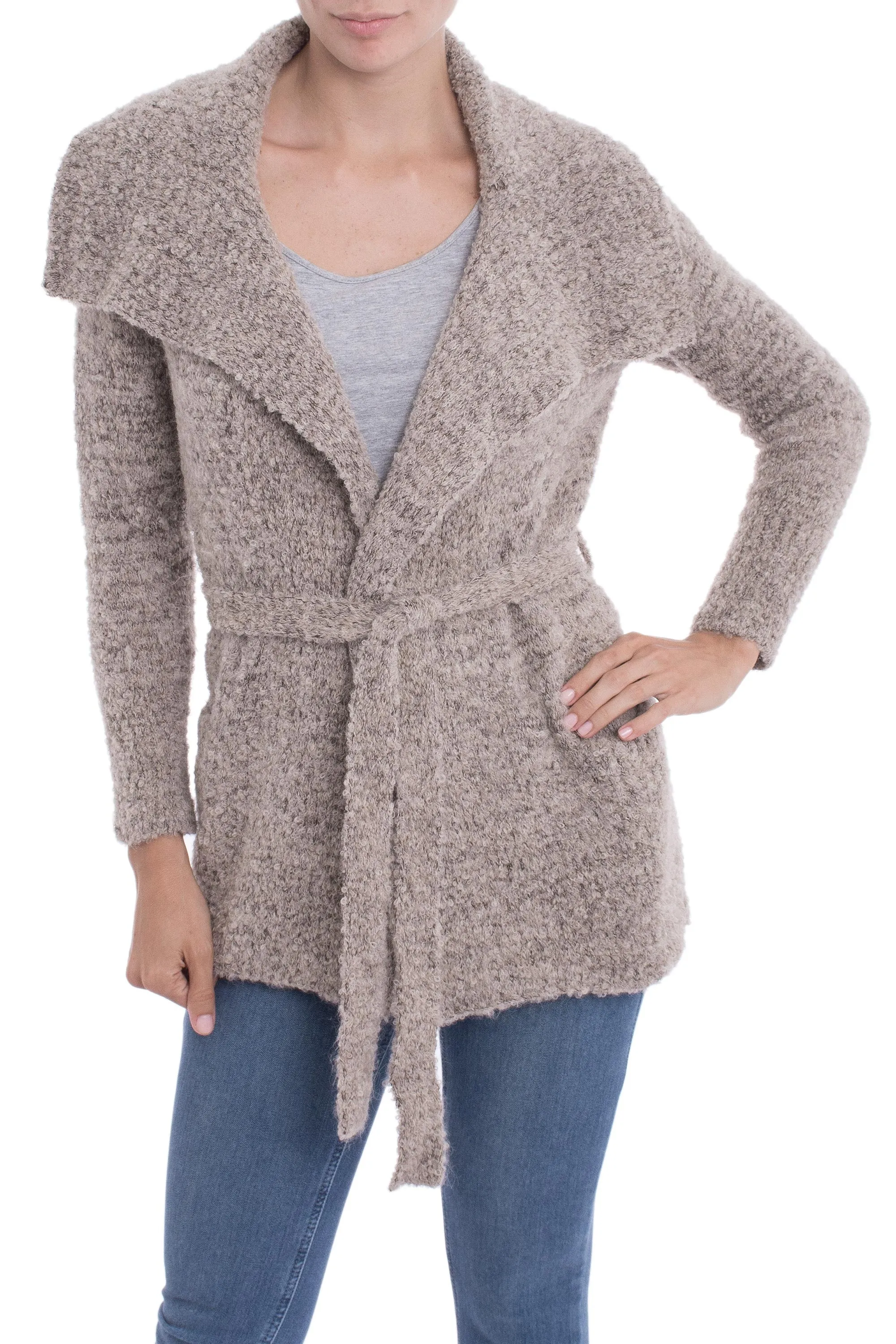 Frothed Cocoa Light Brown Alpaca Blend Long-Sleeve Buttoned Sweater Jacket