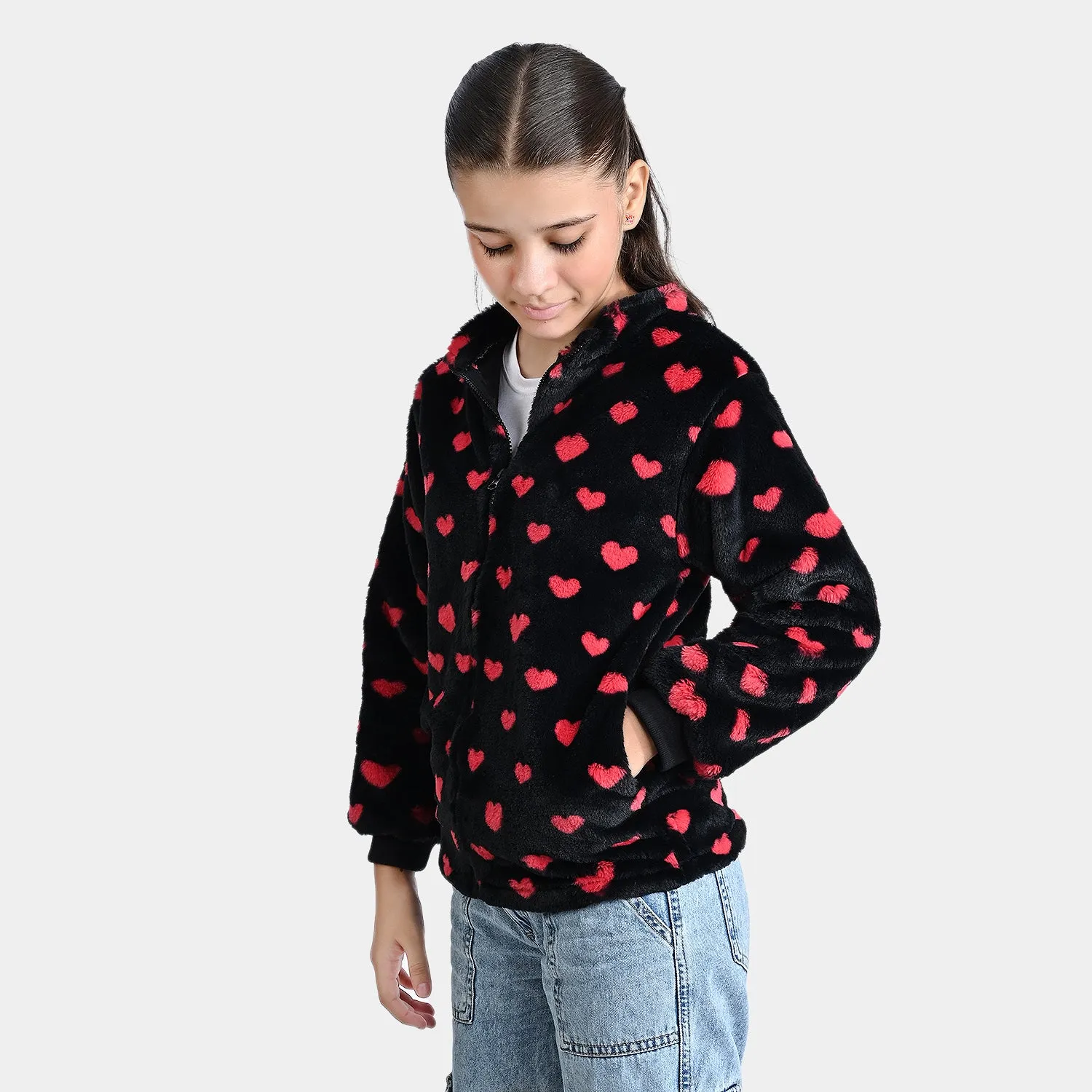 Girls Fleece Knitted Jacket All Hearts-BLACK