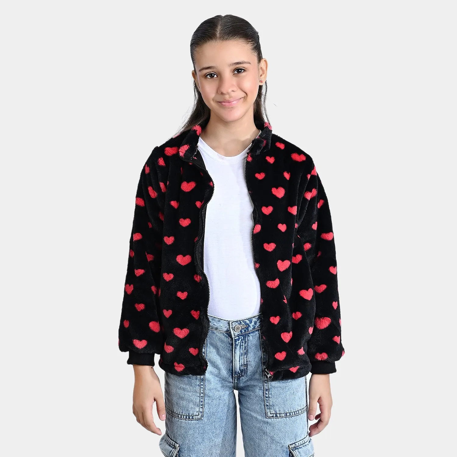 Girls Fleece Knitted Jacket All Hearts-BLACK