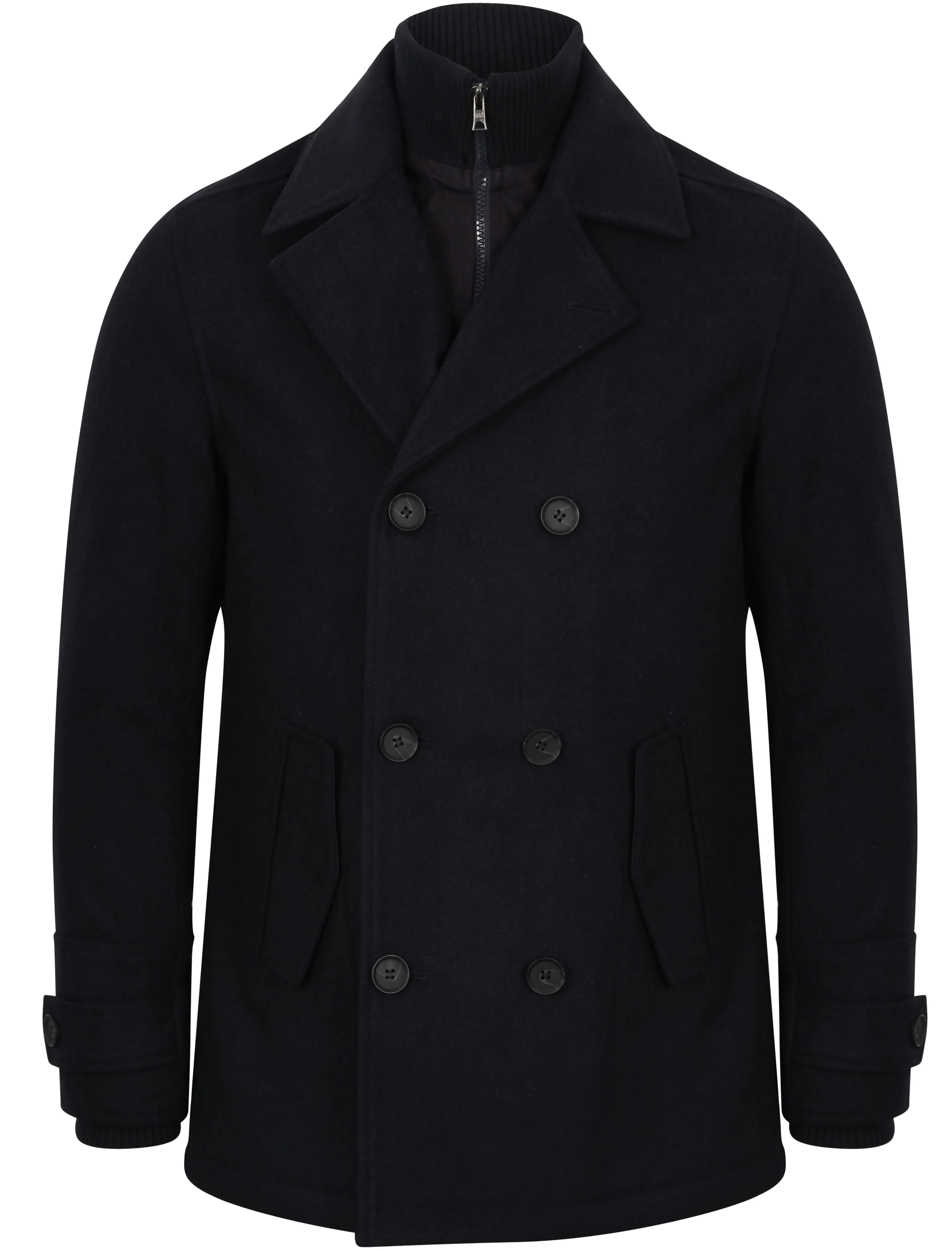 Hexacode Wool Blend Double Breasted Mock Insert Coat in Navy - Tokyo Laundry