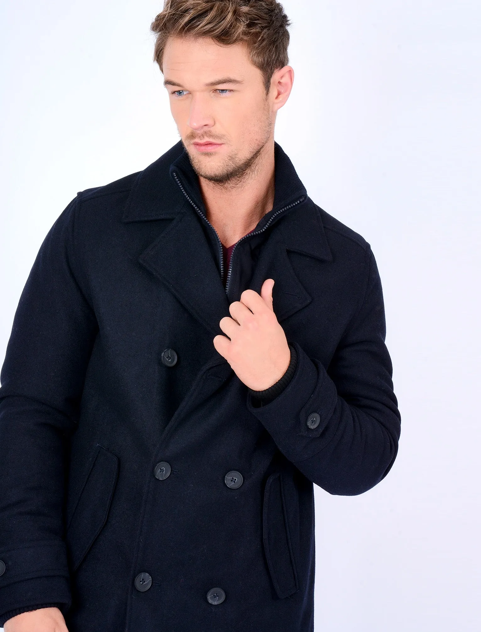 Hexacode Wool Blend Double Breasted Mock Insert Coat in Navy - Tokyo Laundry