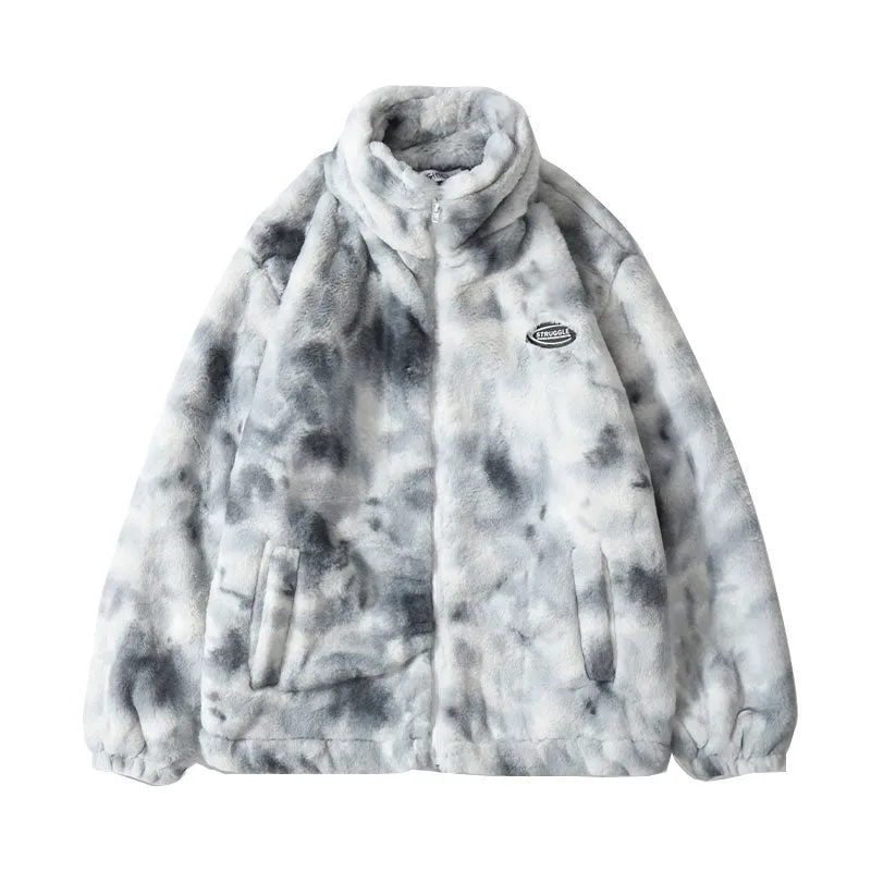 Hip Hop Jacket Streetwear Tie Dye Heart Fuzzy Jackets Warm Coats