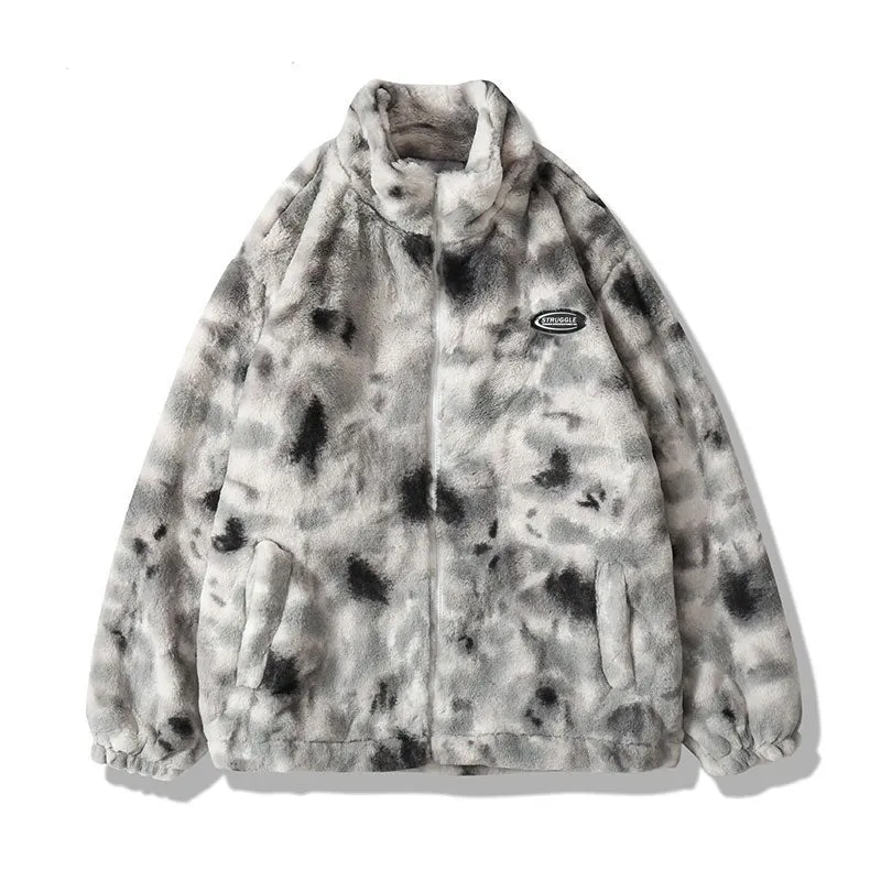 Hip Hop Jacket Streetwear Tie Dye Heart Fuzzy Jackets Warm Coats