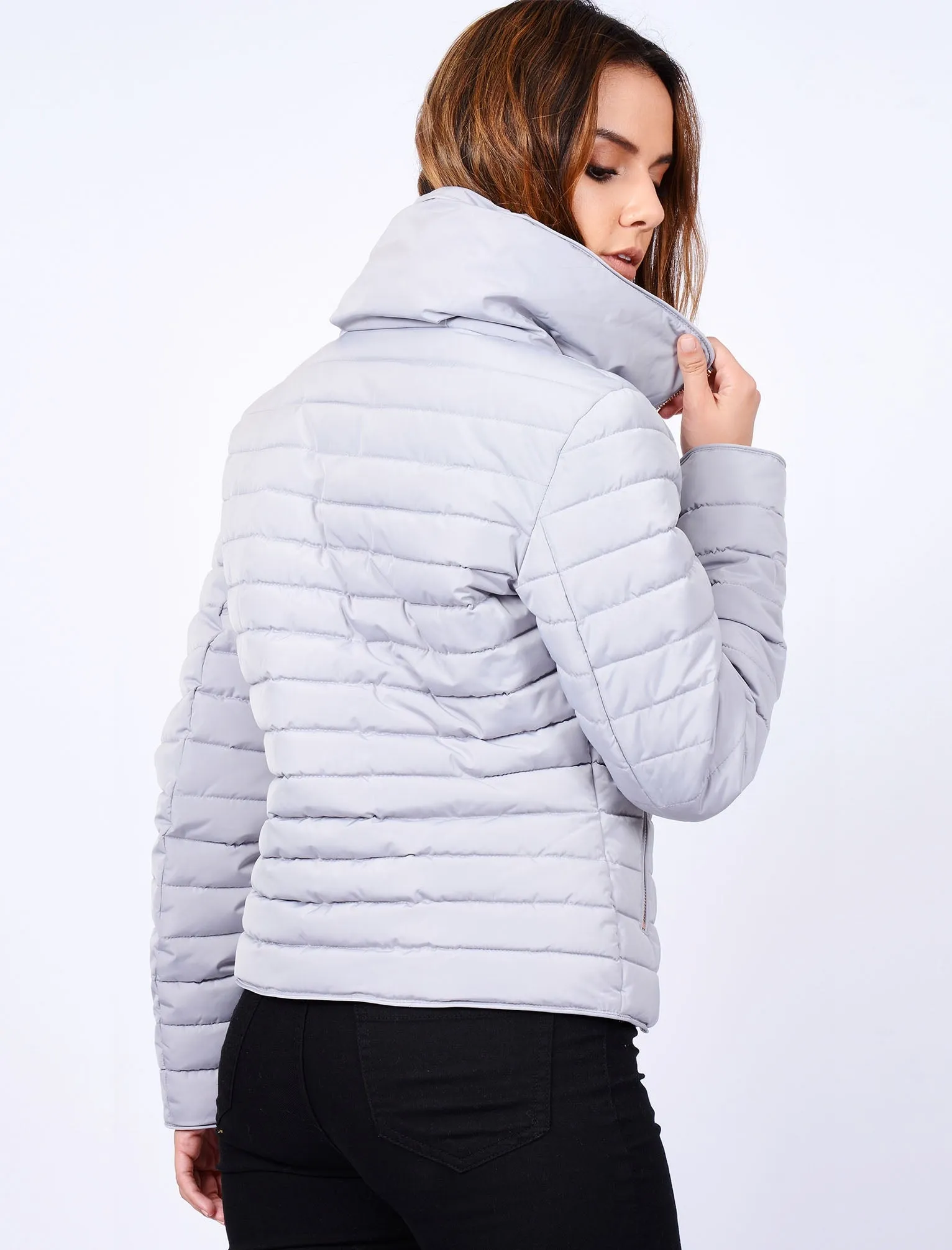 Honey Funnel Neck Quilted Jacket in Silver Sconce - Tokyo Laundry