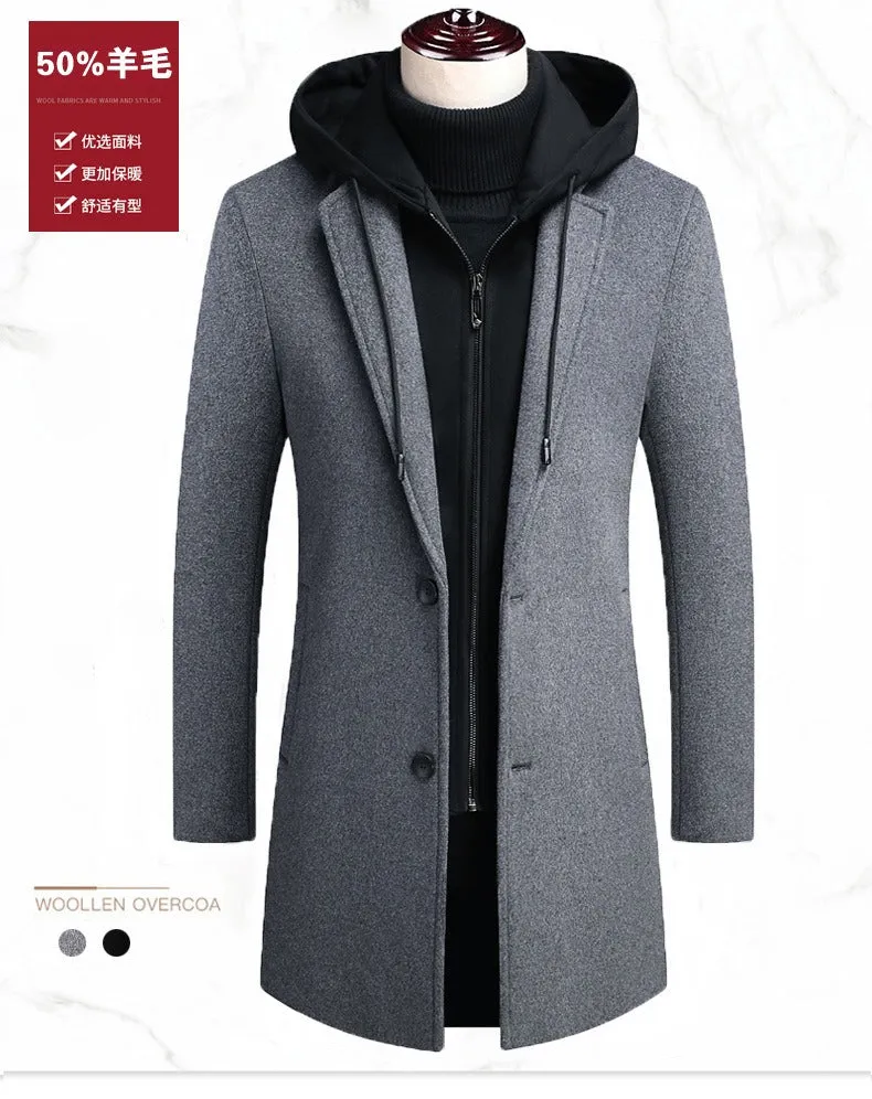 Men's Hooded Wool Jacket Long Windproof Wool Coat Casual Thick Slim Jacket | 1909-3