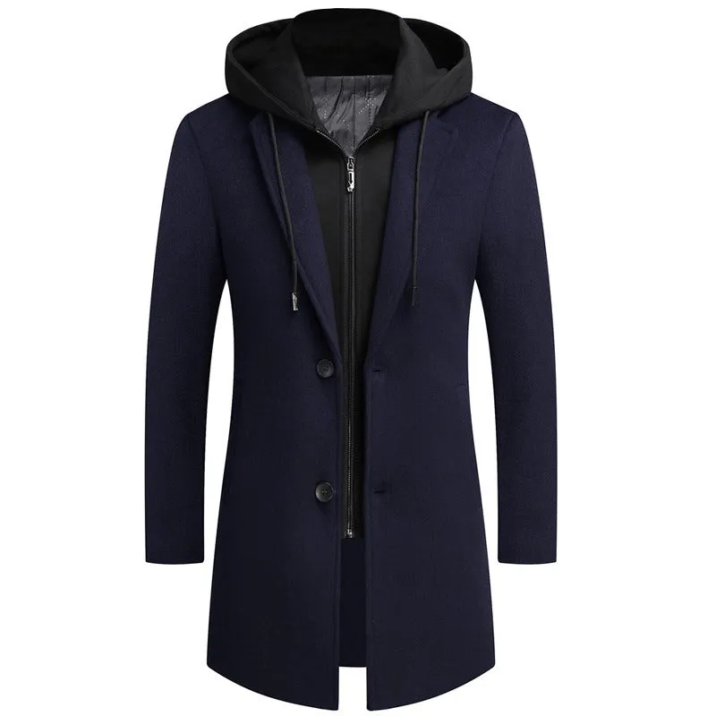 Men's Hooded Wool Jacket Long Windproof Wool Coat Casual Thick Slim Jacket | 1909-3