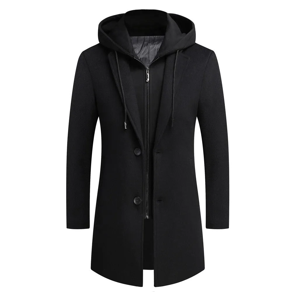 Men's Hooded Wool Jacket Long Windproof Wool Coat Casual Thick Slim Jacket | 1909-3