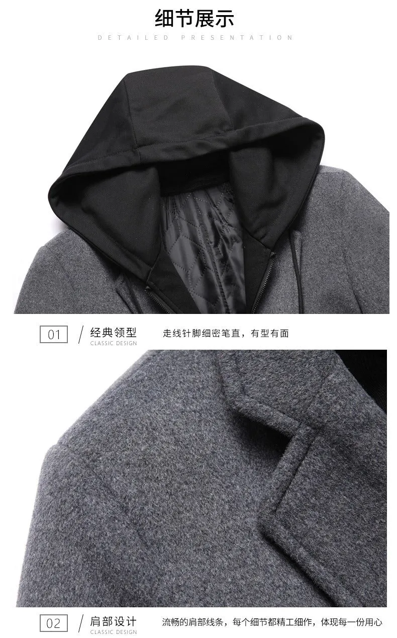 Men's Hooded Wool Jacket Long Windproof Wool Coat Casual Thick Slim Jacket | 1909-3