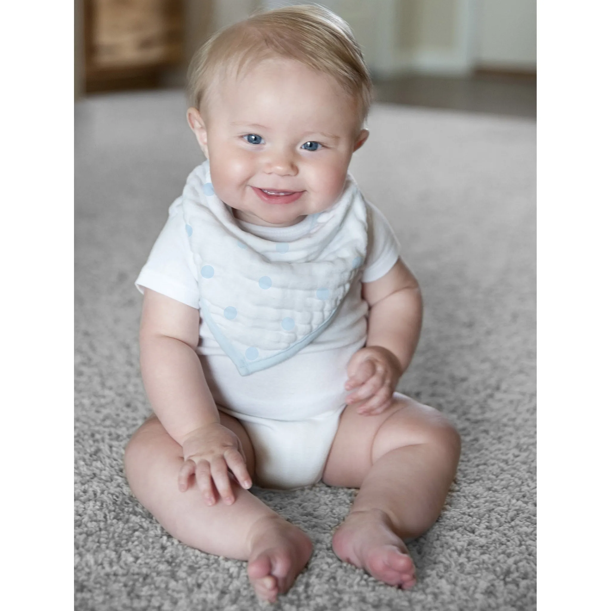 Moisture Wicking Muslin Bandana Bib - French Dots, Pastel Blue