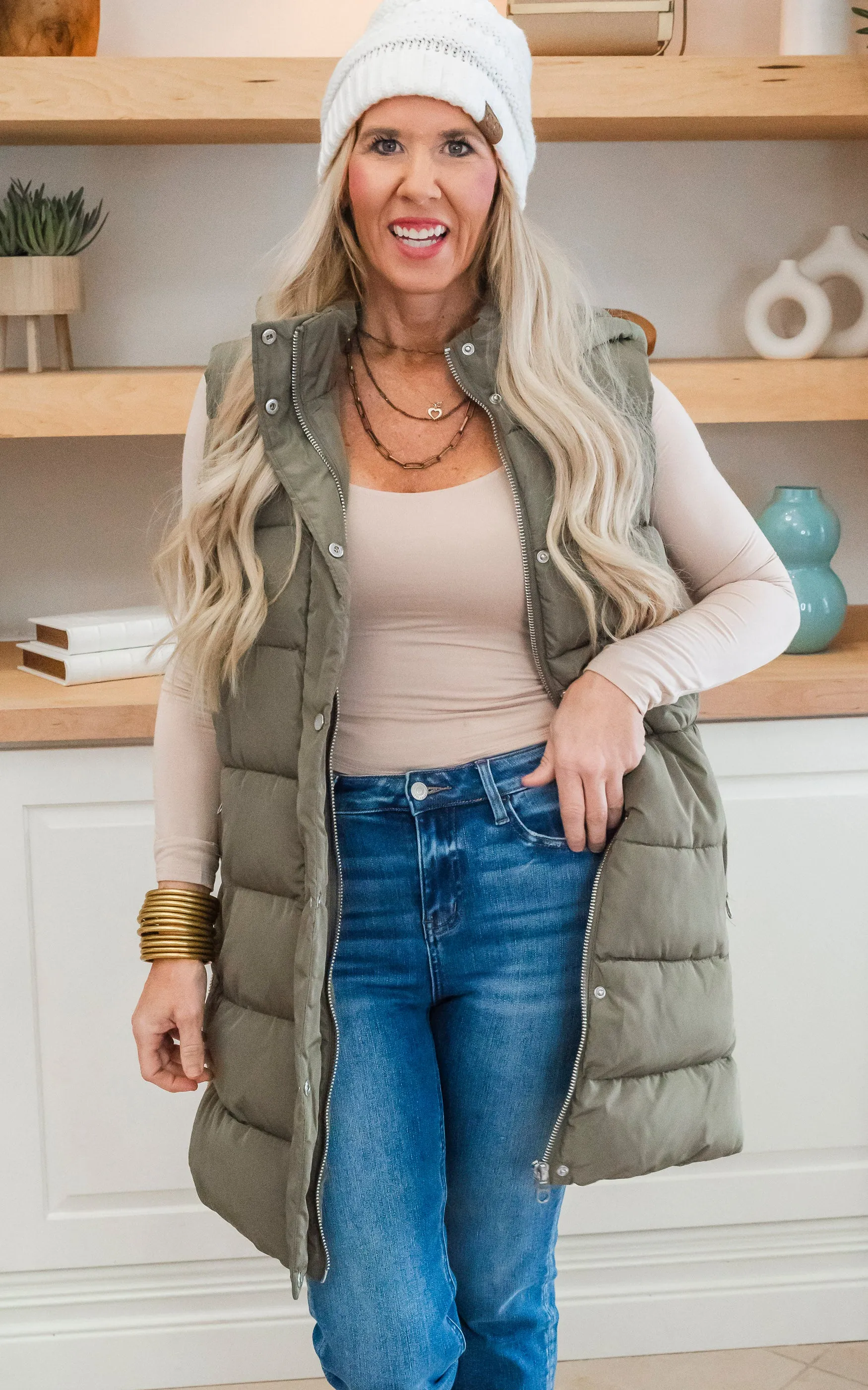 Olive Long Hooded Puffer Vest - Final Sale