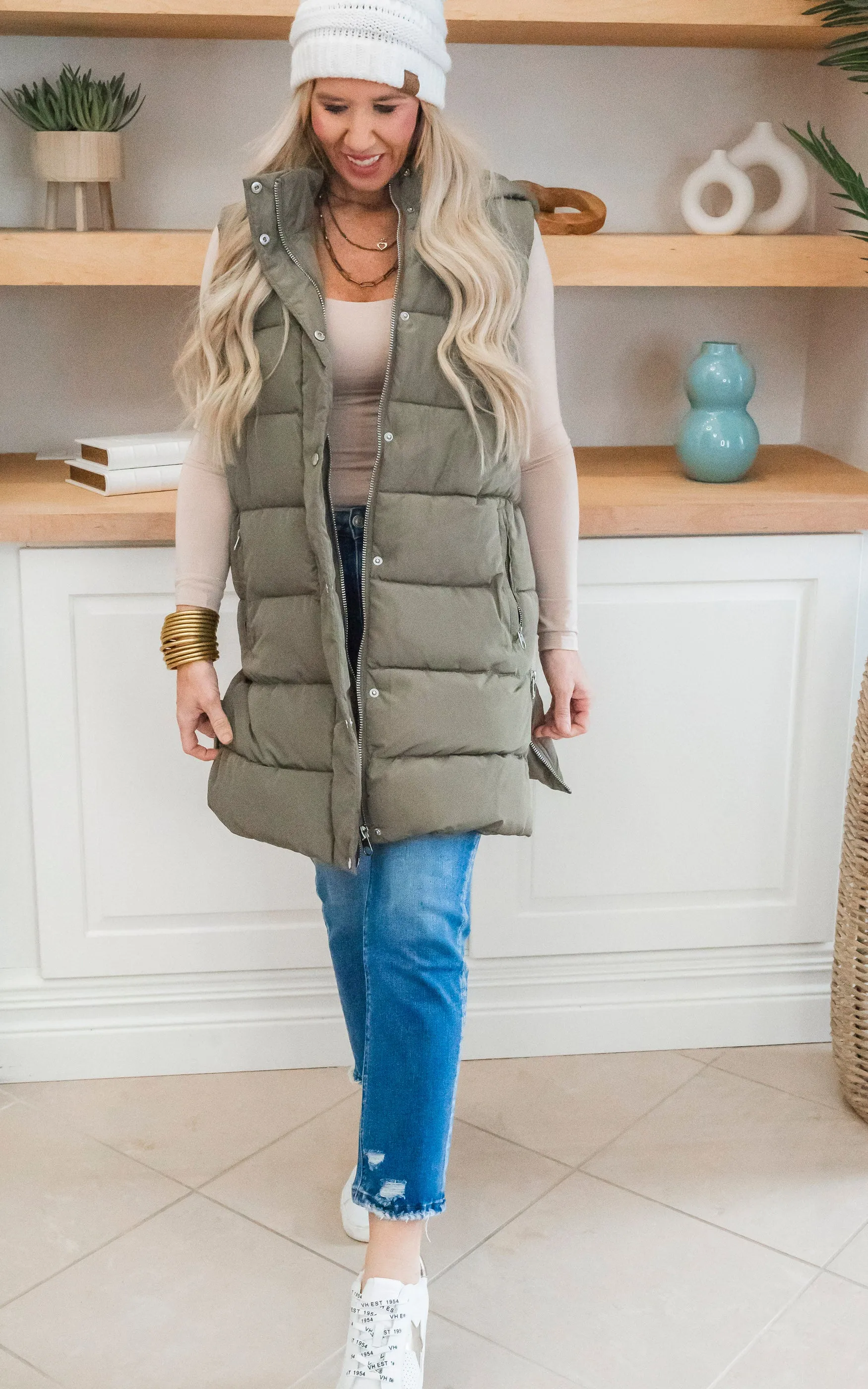 Olive Long Hooded Puffer Vest - Final Sale