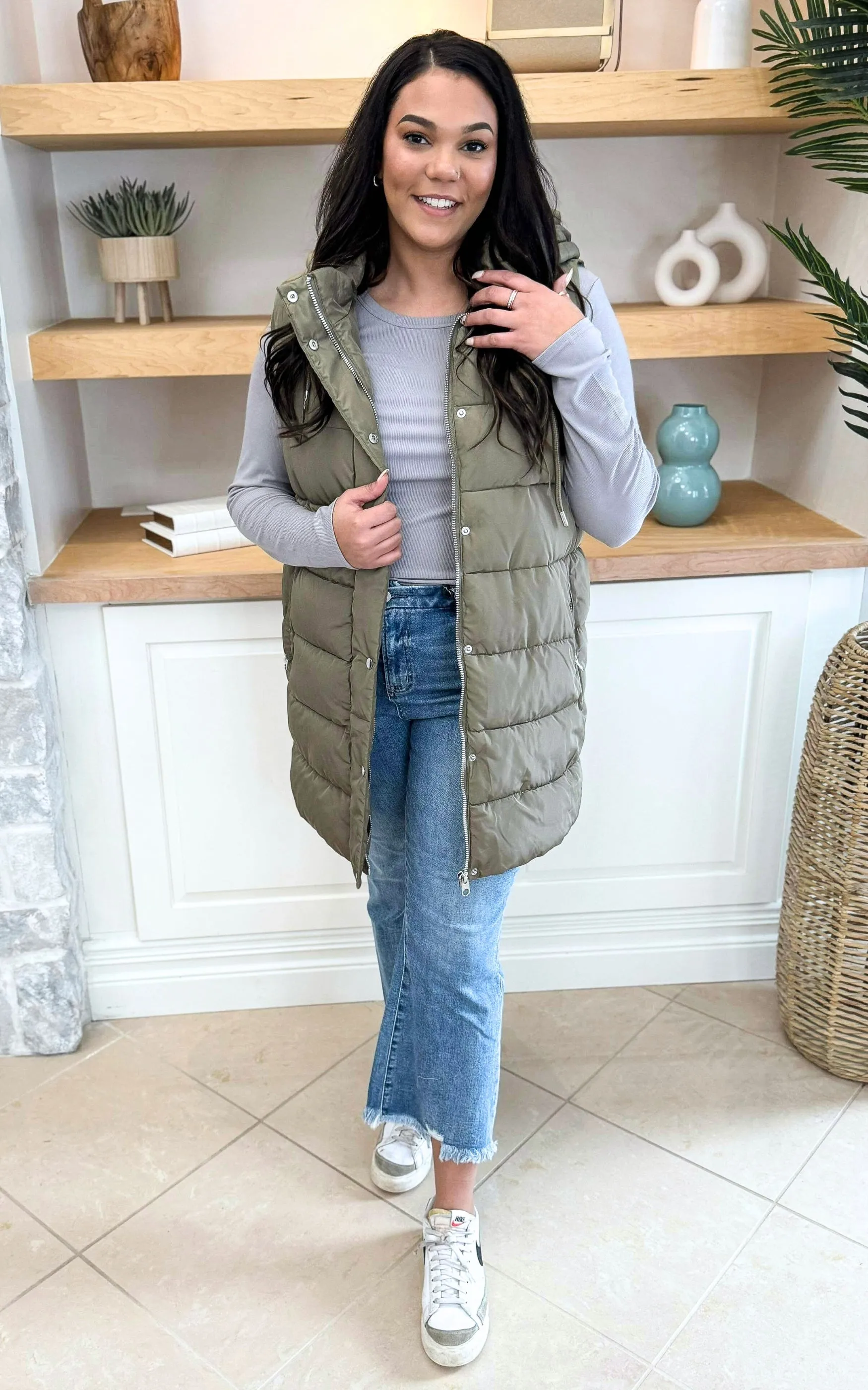 Olive Long Hooded Puffer Vest - Final Sale