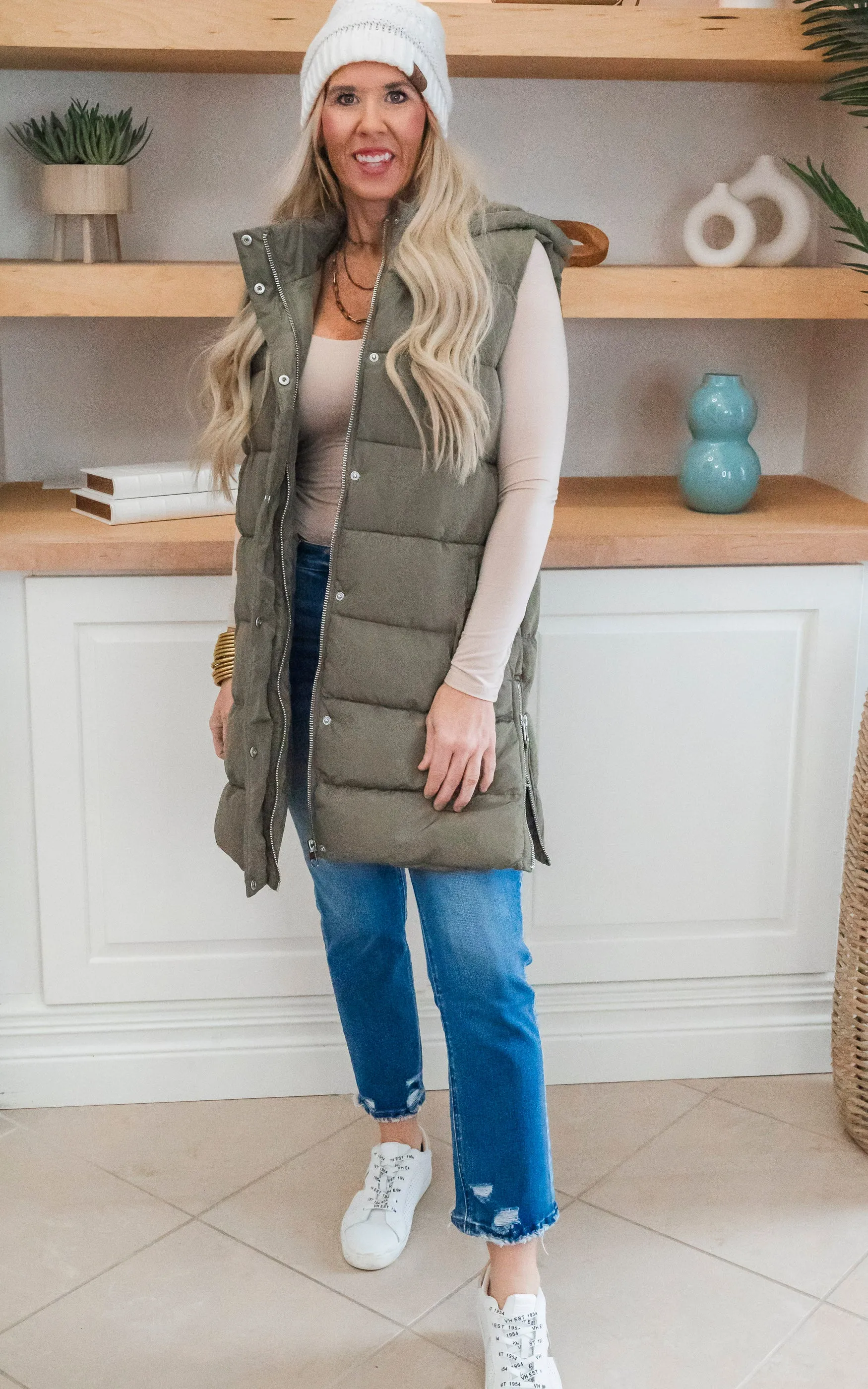 Olive Long Hooded Puffer Vest - Final Sale