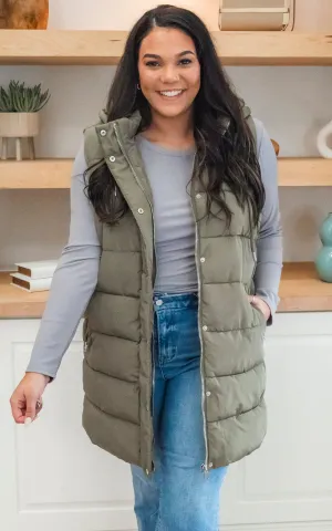 Olive Long Hooded Puffer Vest - Final Sale