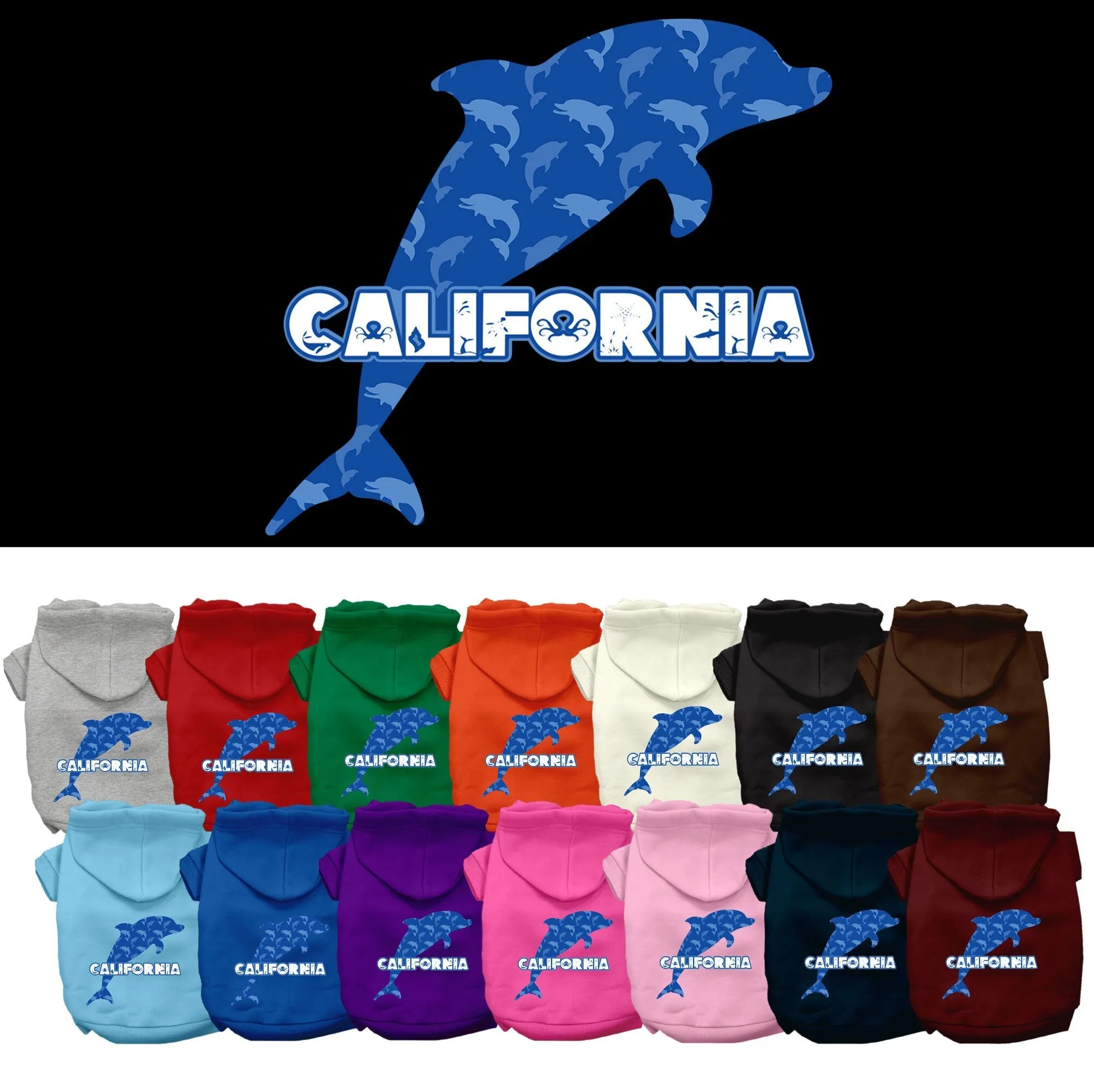 Pet Dog & Cat Screen Printed Hoodie for Medium to Large Pets (Sizes 2XL-6XL), "California Blue Dolphins"