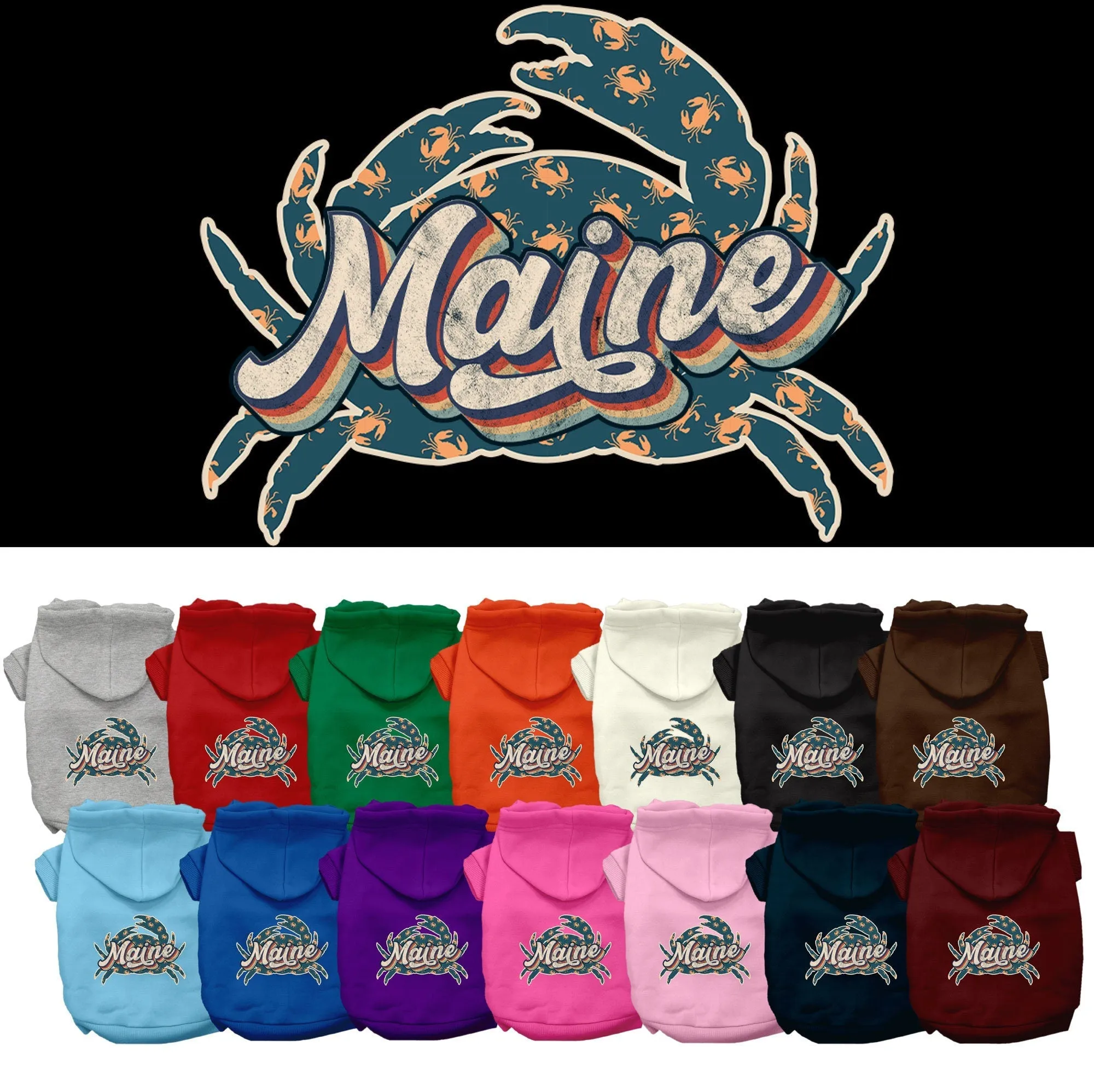 Pet Dog & Cat Screen Printed Hoodie for Medium to Large Pets (Sizes 2XL-6XL), "Maine Retro Crabs"