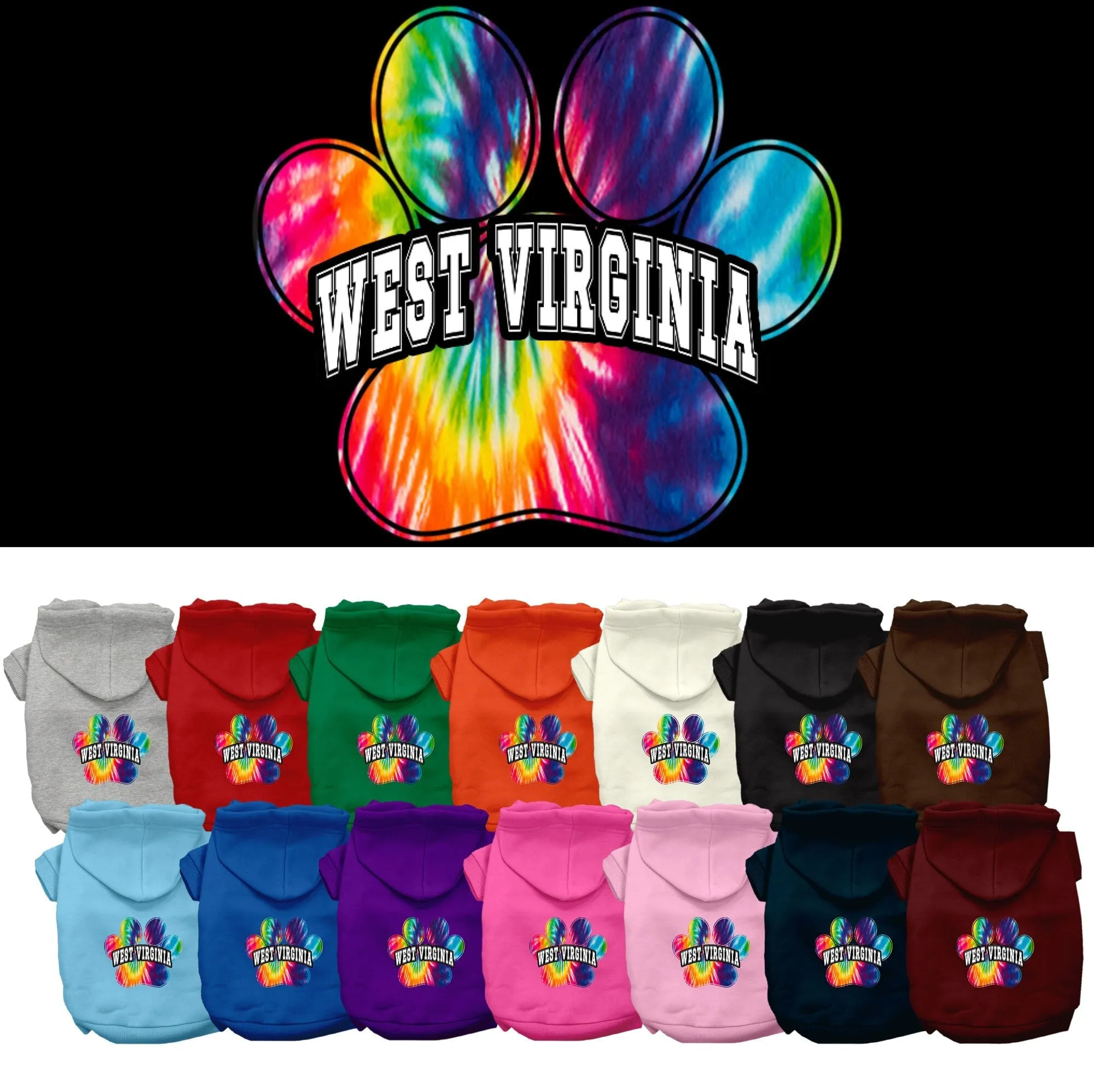 Pet Dog & Cat Screen Printed Hoodie for Medium to Large Pets (Sizes 2XL-6XL), "West Virginia Bright Tie Dye"