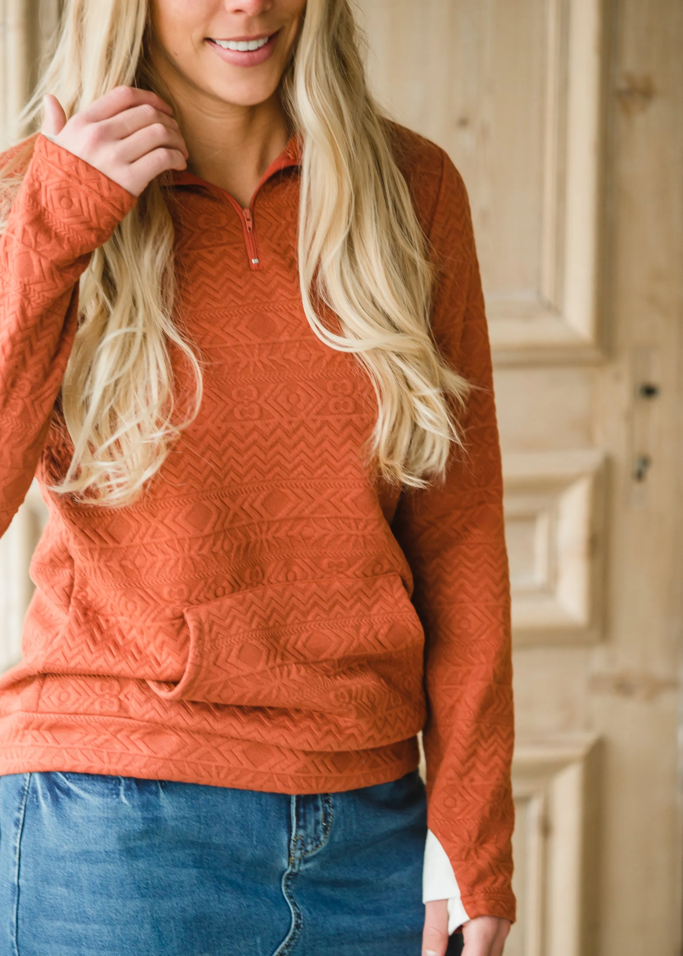 Rust 1/4 Zip Textured Sweater