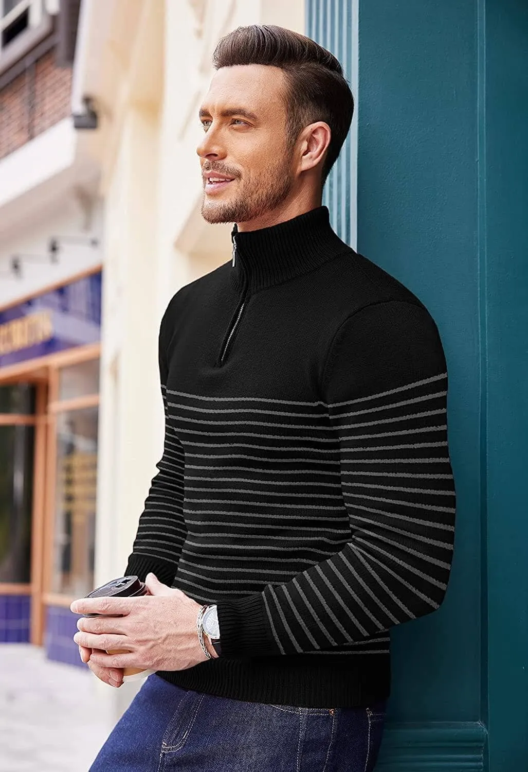 Striped Zip Up Mock Neck Pullover Sweaters (US Only)