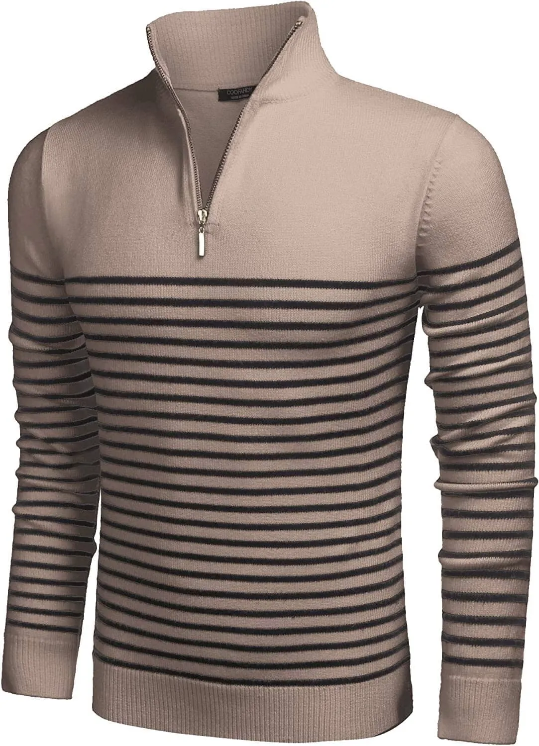 Striped Zip Up Mock Neck Pullover Sweaters (US Only)