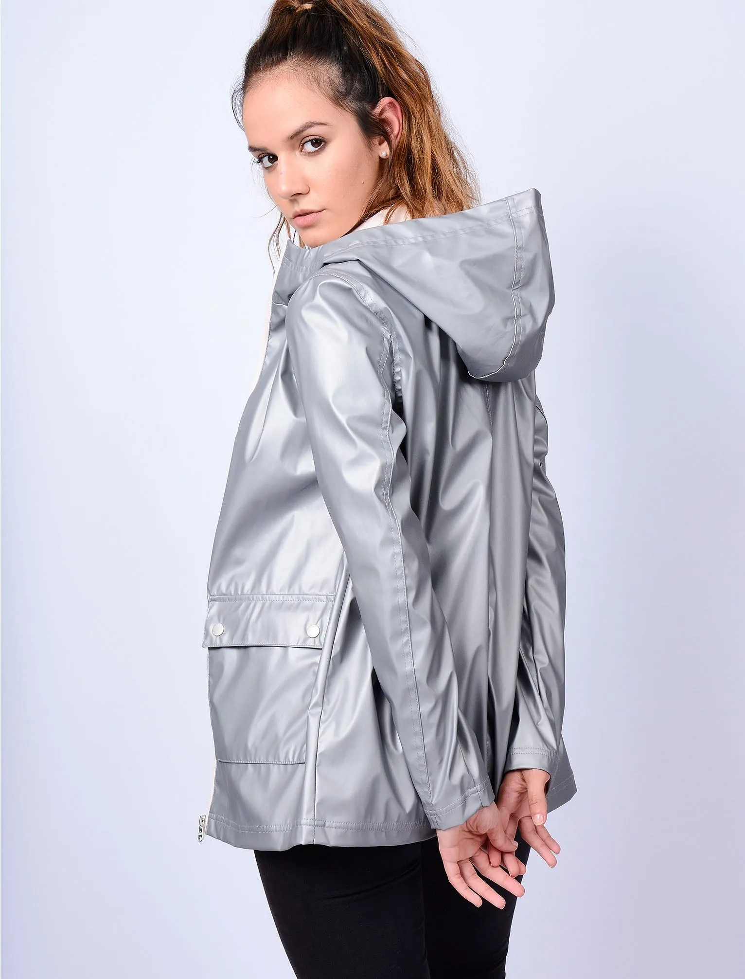 TL Seagull Hooded PU Coat in Matte Silver - Tokyo Laundry