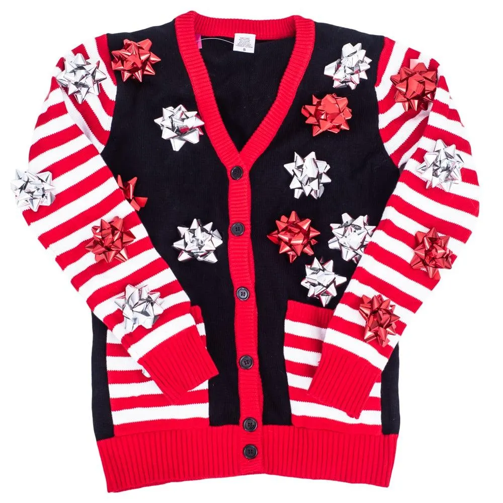 Ugly Christmas Sweater Gift Wrapping Bow Cardigan