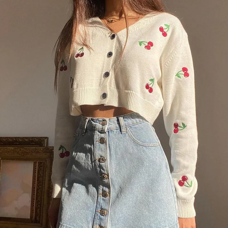 Vintage Embroidered Cropped Cardigans V-neck Soft Knitted Sweaters