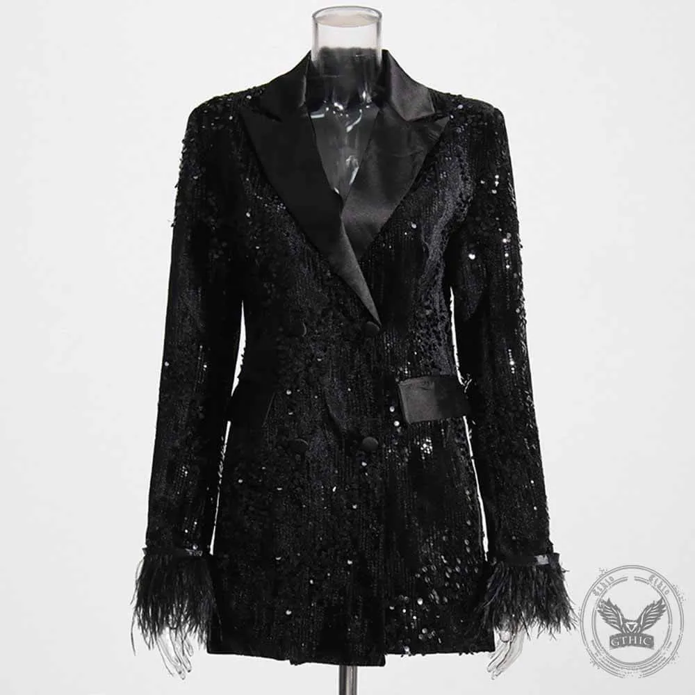 Vintage Sequins Patchwork Cuff Suit Coat