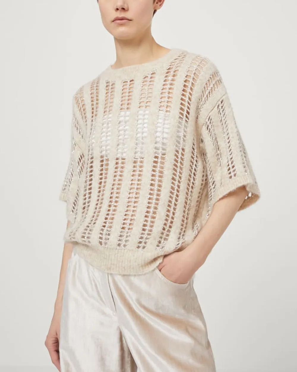 Warm White Micro Paillette Stripe Sweater