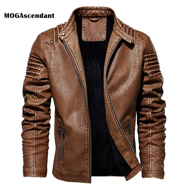 Winter Fleece Leather Jackets Men&#39;s Bomber Motorcycle Jacket Steampunk Male Leather Windbreaker Moto Biker Outdoor Coat Hombre