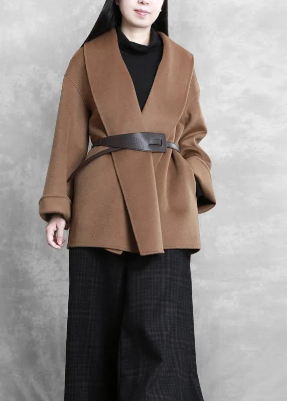 women casual mid-length coats winter woolen outwear brown tie waist trumpet sleeves overcoat