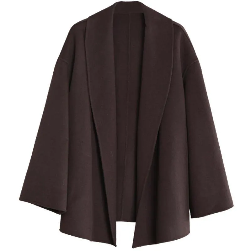 women casual mid-length coats winter woolen outwear brown tie waist trumpet sleeves overcoat