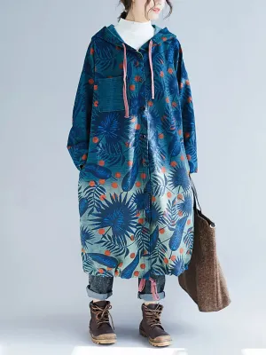 Women Leaf Gradual Print Denim Hooded Long Coat