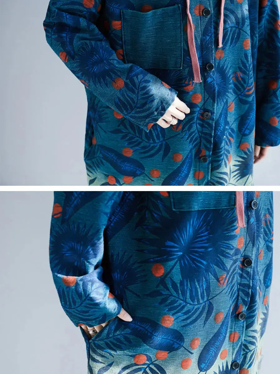 Women Leaf Gradual Print Denim Hooded Long Coat